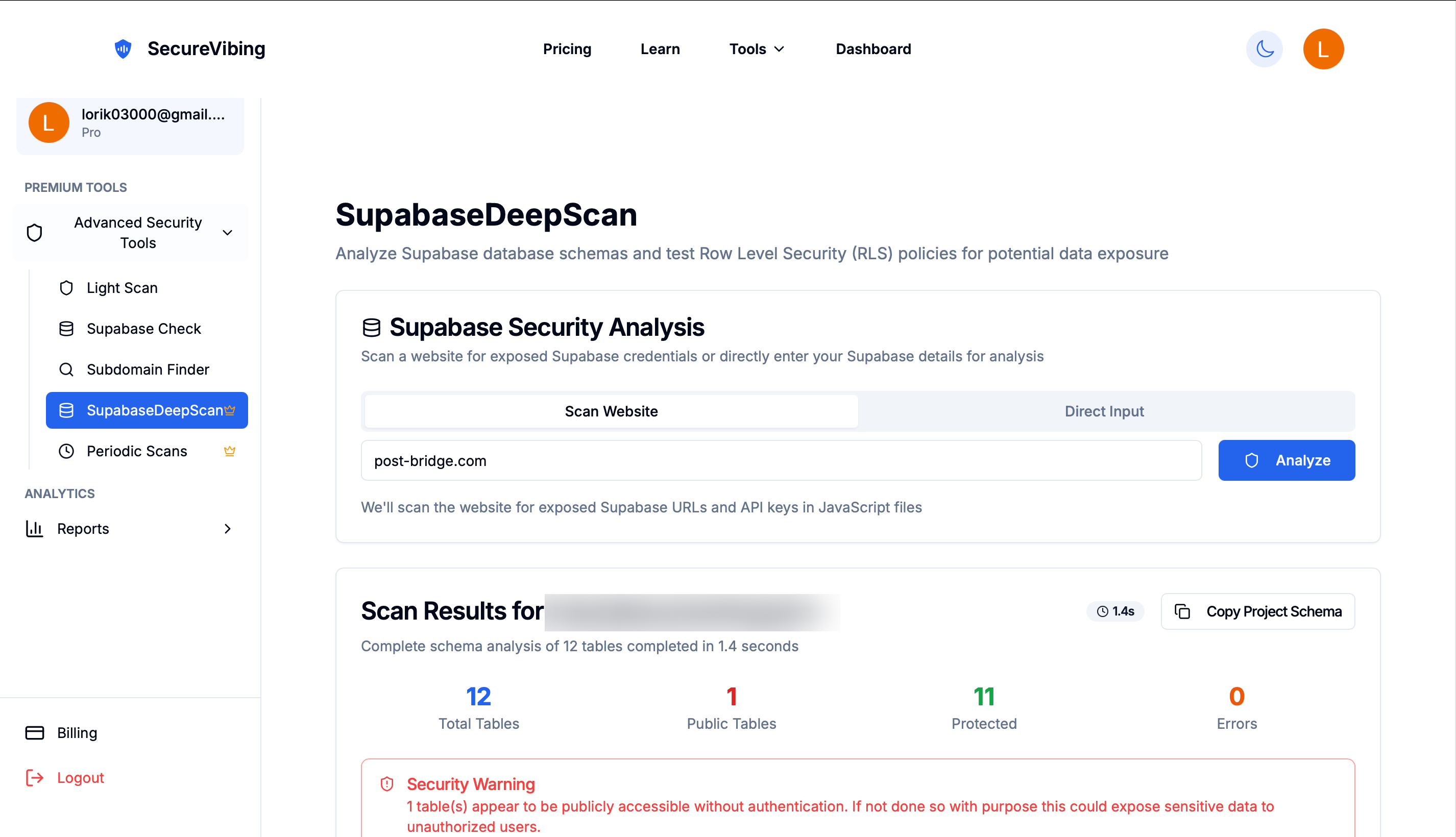Supabase DeepScan results showing RLS analysis
