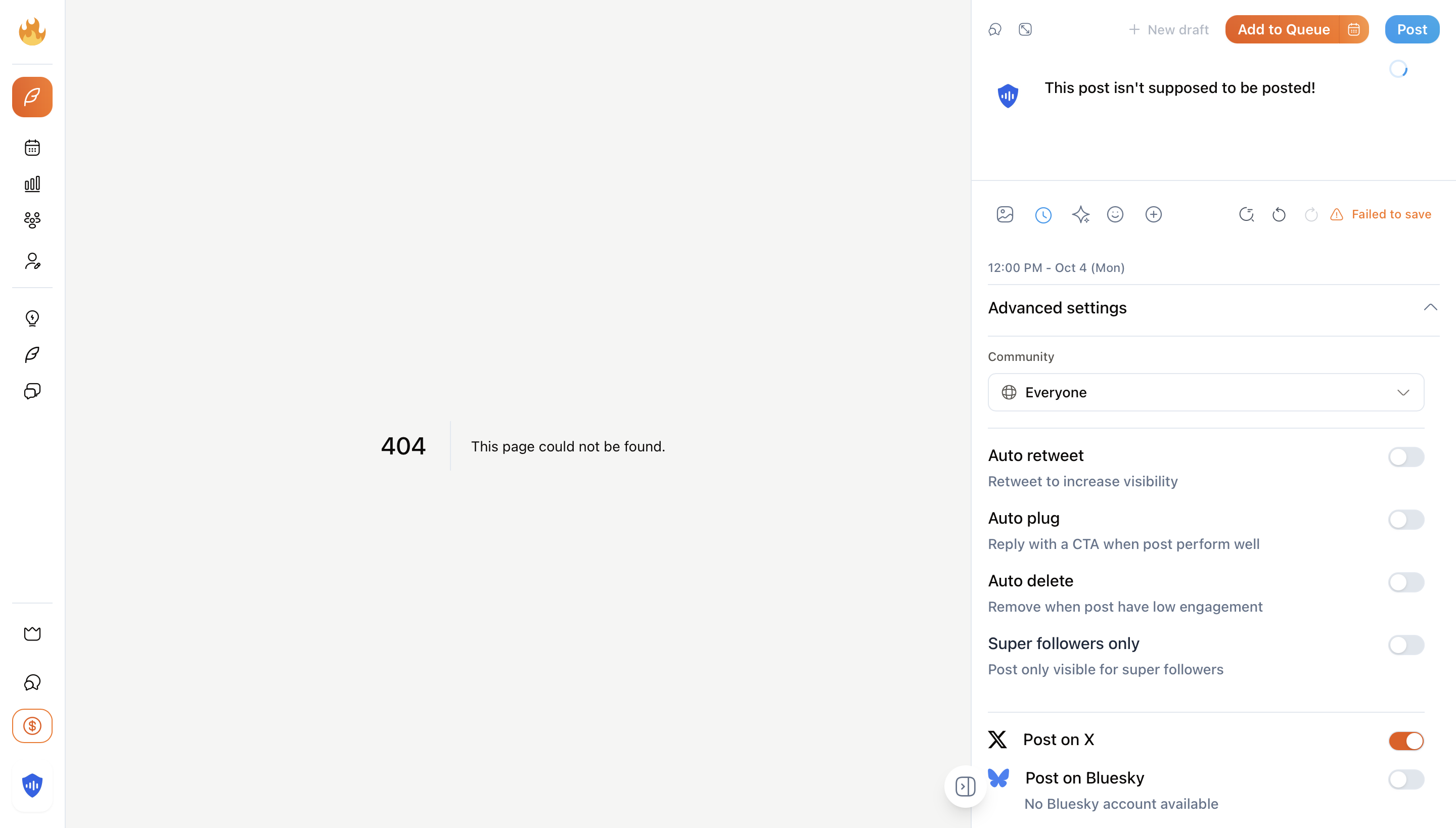 SuperX post creation interface on 404 page